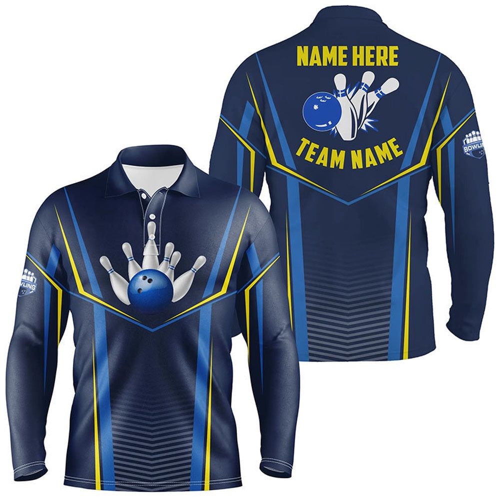 Custom Bowling Polo Shirts, Bowling Polo Shirts For Men Custom Name,Team Name Bowling Ball Pins, Bowling Team League Shirt Blue