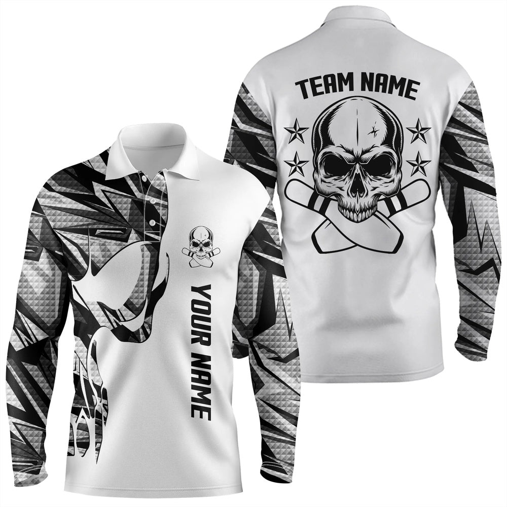 Custom Bowling Polo Shirts, Bowling Polo Shirts For Men White Camo Custom Name And Team Name Skull Bowling, Team Bowling Shirts