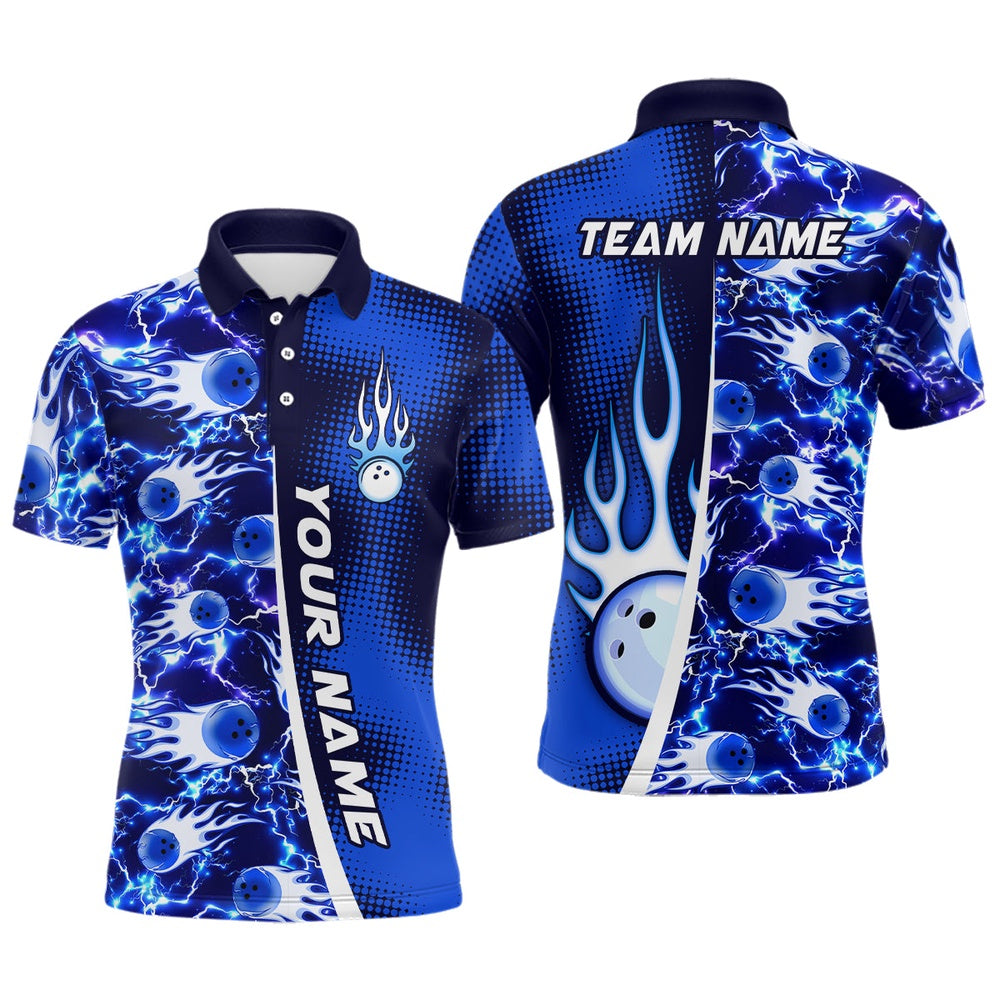 Custom Bowling Polo Shirts, Bowling Shirt For Mens Custom Name Bowling Flame Lightning Team Jersey Shirt