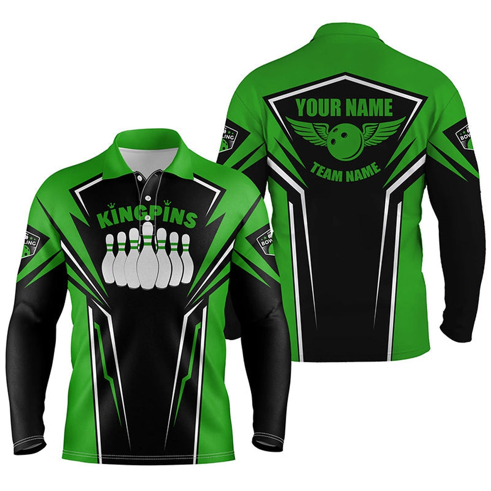 Custom Bowling Polo Shirts, Bowling Shirts For Men Custom Name And Team Name King Pins Bowling Jerseys, Bowling Team Shirts Green