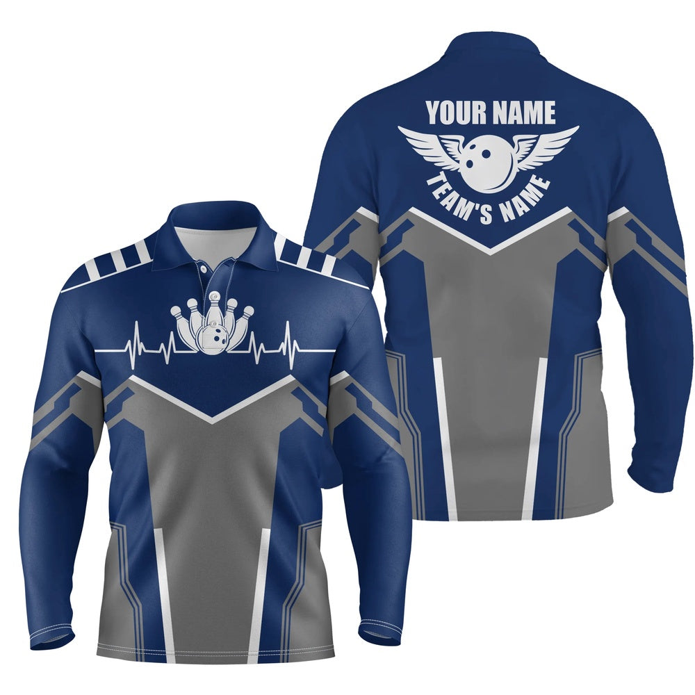 Custom Bowling Polo Shirts, Bowling Shirts For Men Custom Name, Team Name Bowling Ball & Pins Mens Polo Shirts Navy Blue