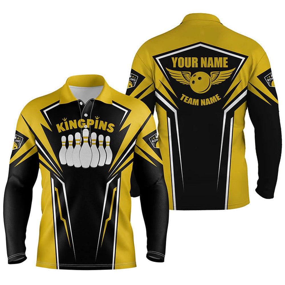 Custom Bowling Polo Shirts, Bowling Shirts For Men Custom Name & Team Name King Pins Bowling Jerseys, Bowling Team Shirts Yellow