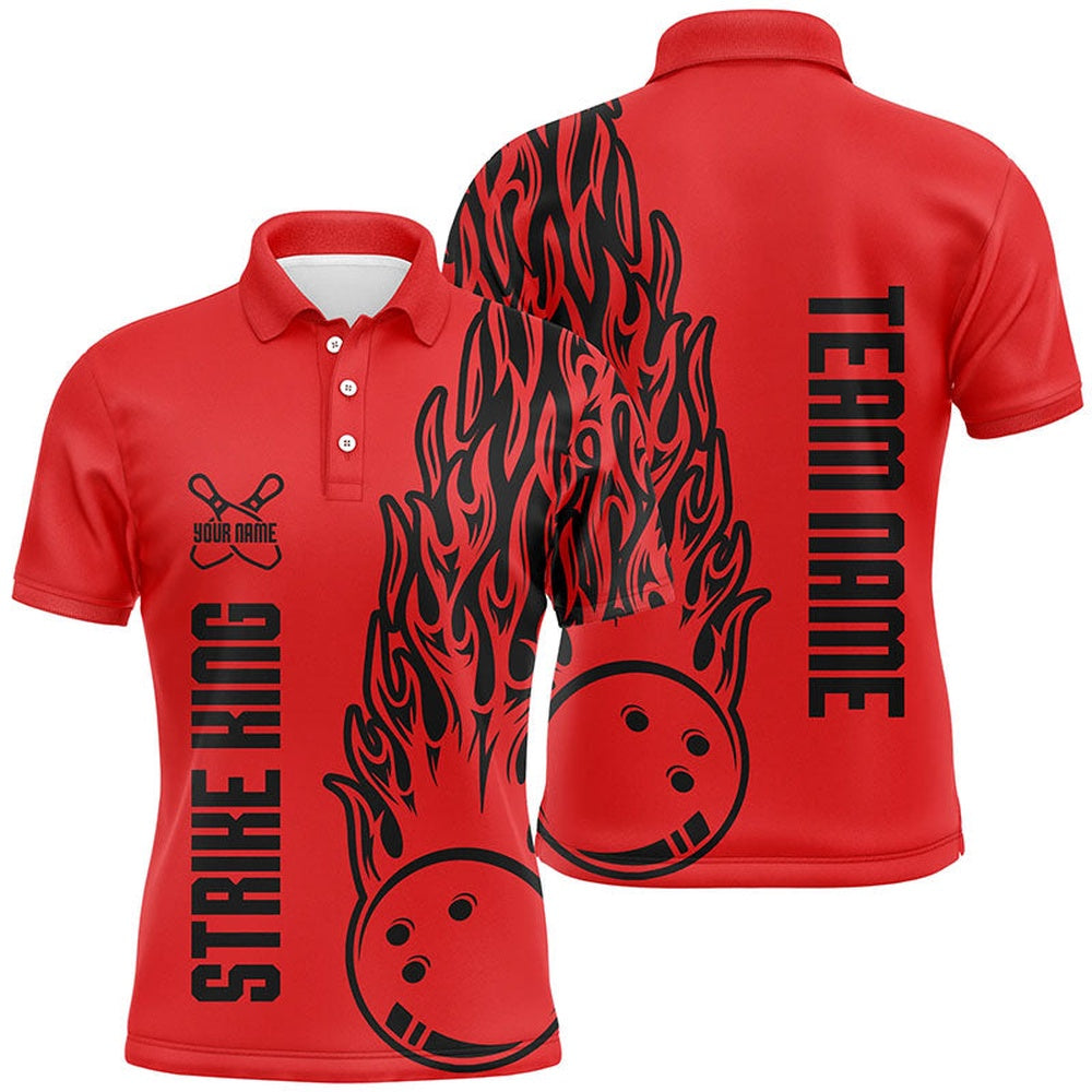 Custom Bowling Polo Shirts, Bowling Shirts For Men Custom Team Name Strike King Flaming Team Bowling Shirts Red