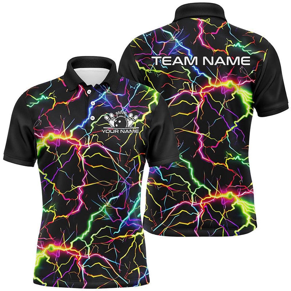 Custom Bowling Polo Shirts, Colorful Lightning Custom Bowling Polo Shirts For Men, Rainbow Colors Outfit Bowling