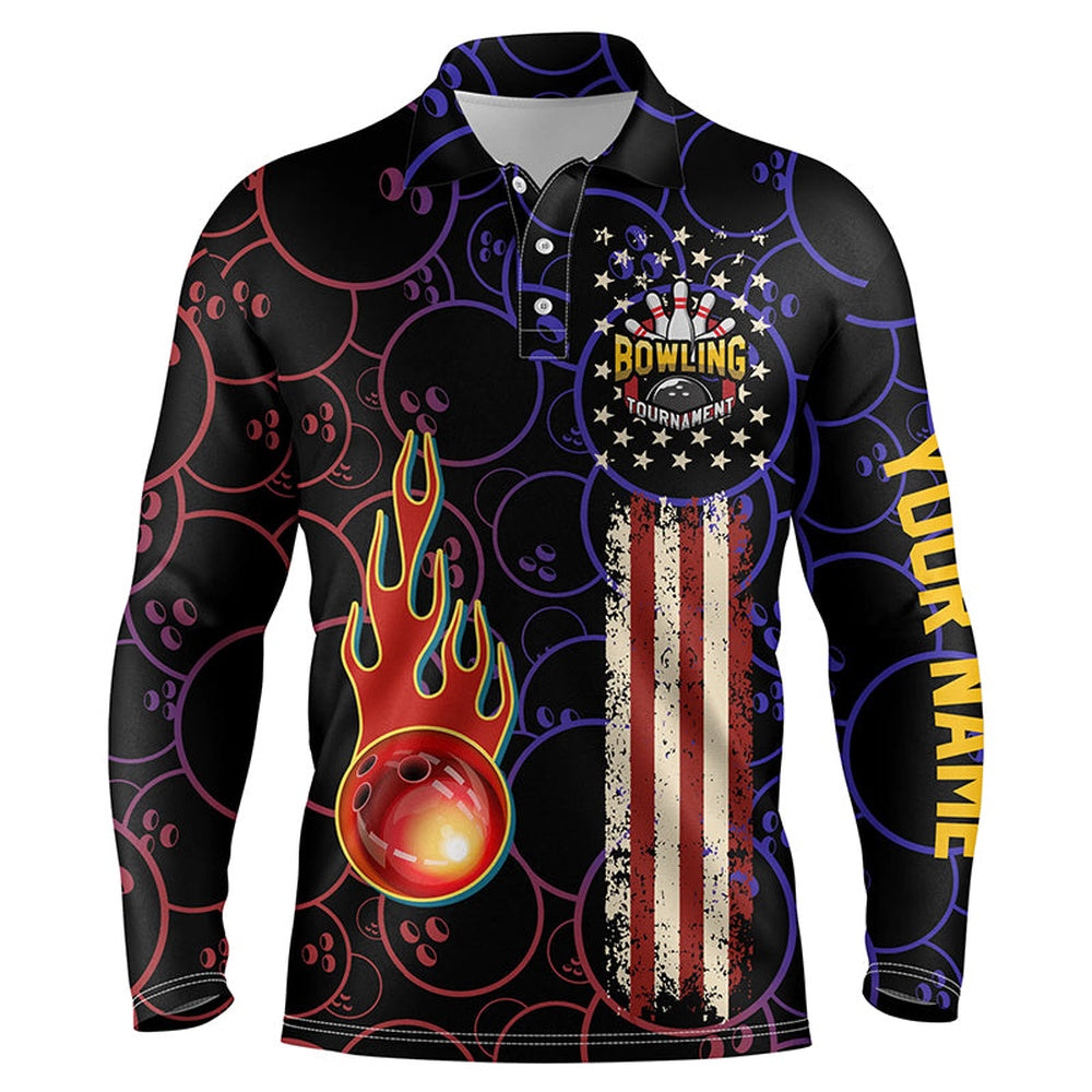 Custom Bowling Polo Shirts, Custom American Flag Black Bowling Polo Shirts For Men, Patriotic Bowling Tournament Jerseys