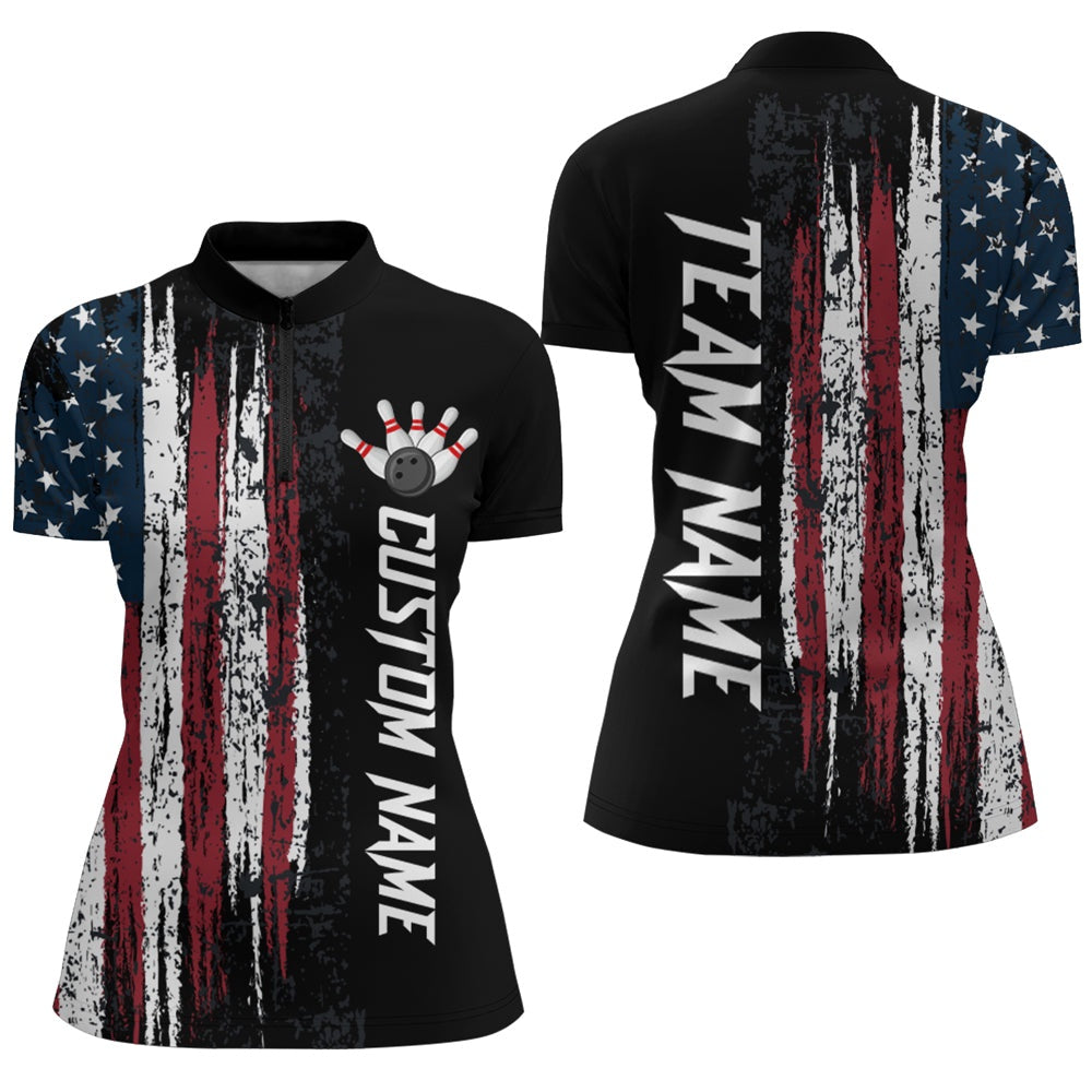 Custom Bowling Polo Shirts, Custom American Flag Bowling Shirts For Men & Women Patriotic Zip Bowling Team Jersey