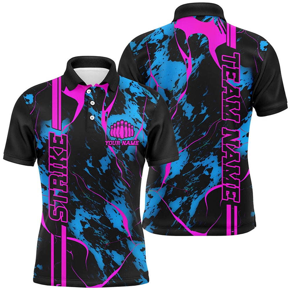 Custom Bowling Polo Shirts, Custom Blue And Pink Strike Bowling Shirts Men Polo Camo Bowling Team Jerseys Bowling League