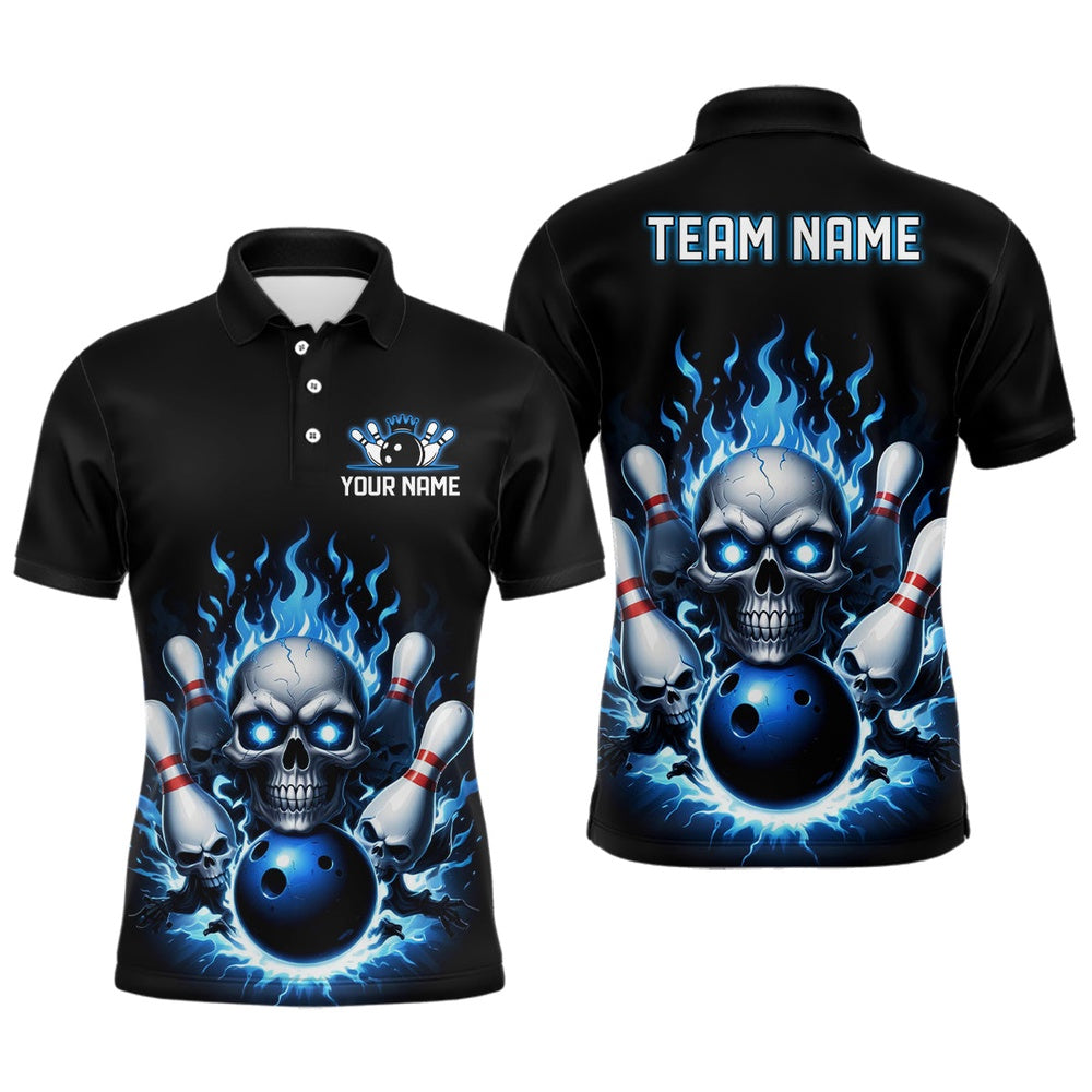 Custom Bowling Polo Shirts, Custom Blue Flame Bowling Team Shirts, Halloween Skull Bowling Polo Shirt For Men