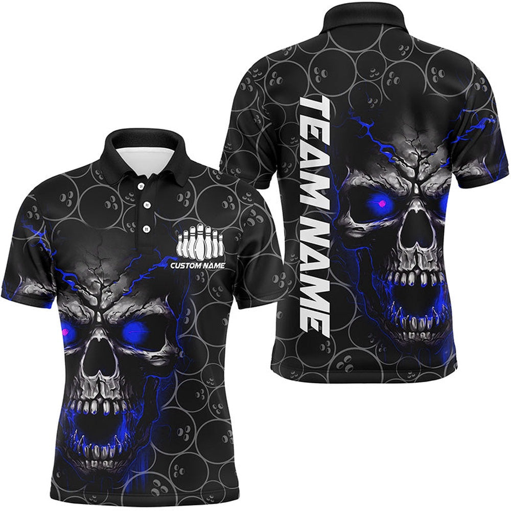 Custom Bowling Polo Shirts, Custom Blue Skull Bowling Polo Shirts For Men, Bowling Pattern Bowling Team Jerseys