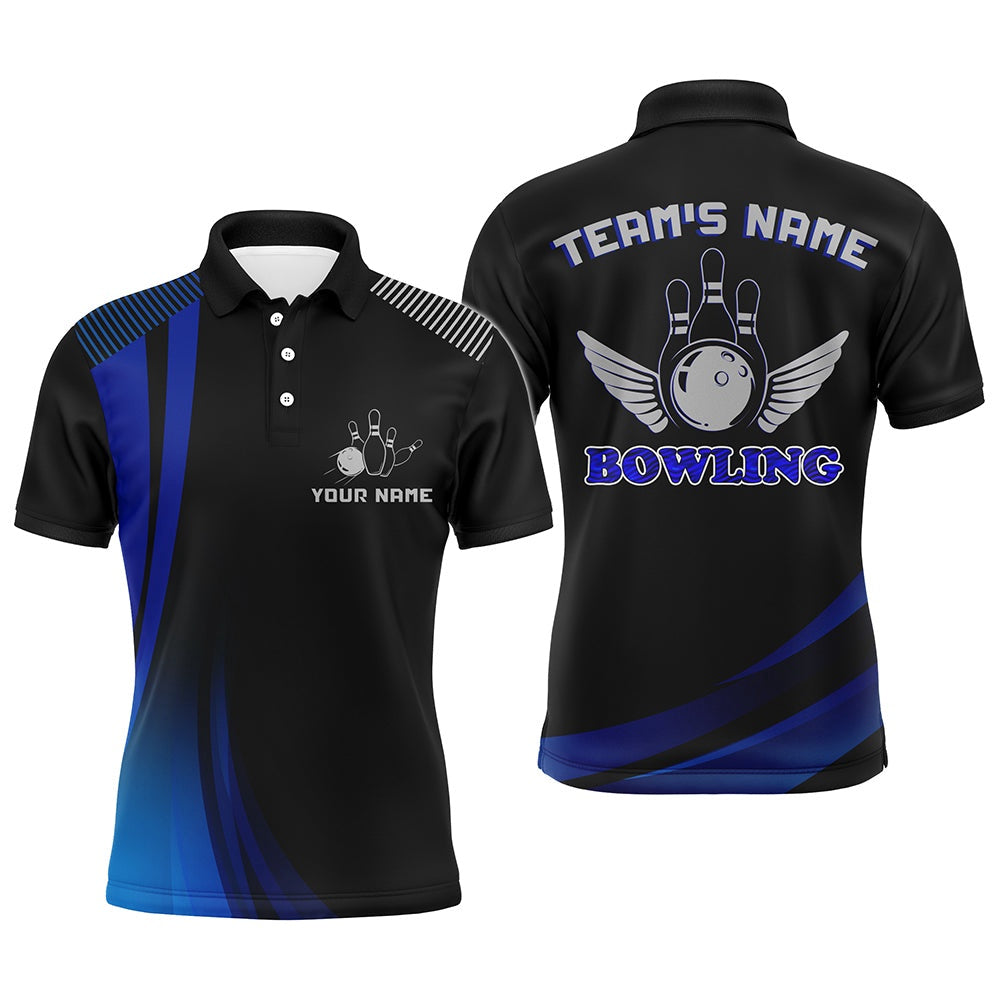 Custom Bowling Polo Shirts, Custom Bowling Shirt For Men, Blue & Black Polo Bowling Shirt With Name, Men Bowlers Jersey
