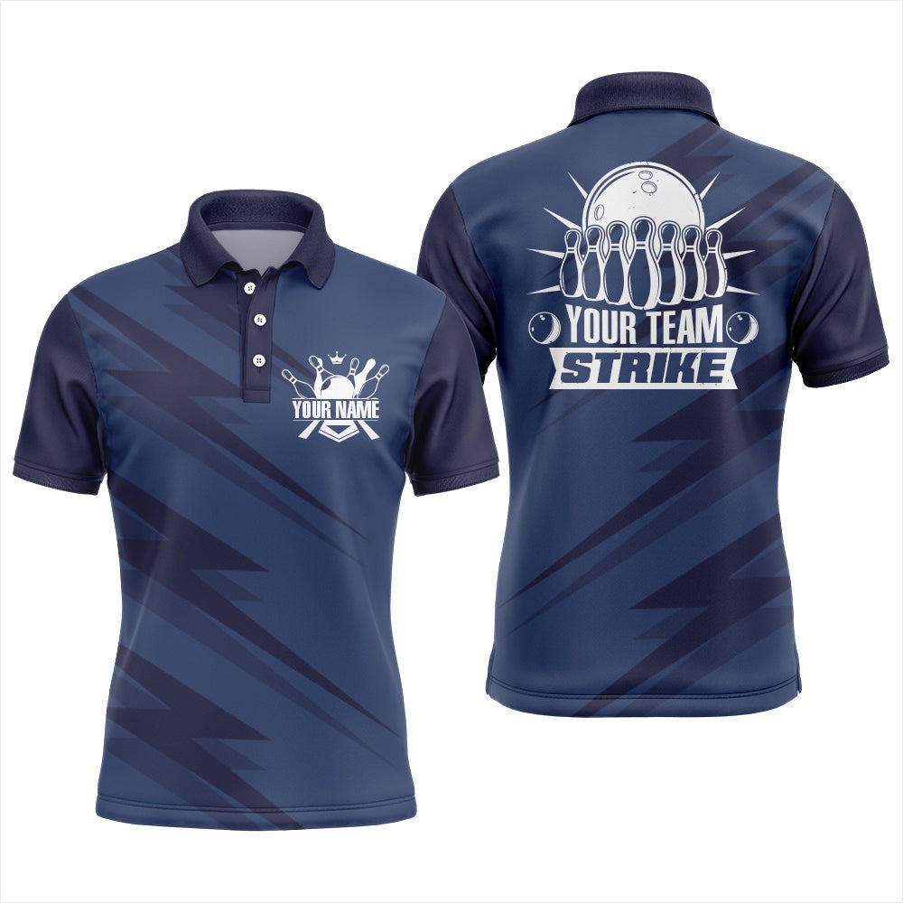 Custom Bowling Polo Shirts, Custom Bowling Shirt For Men Blue Bowling Team League Jersey Strike Bowling Polo Shirt
