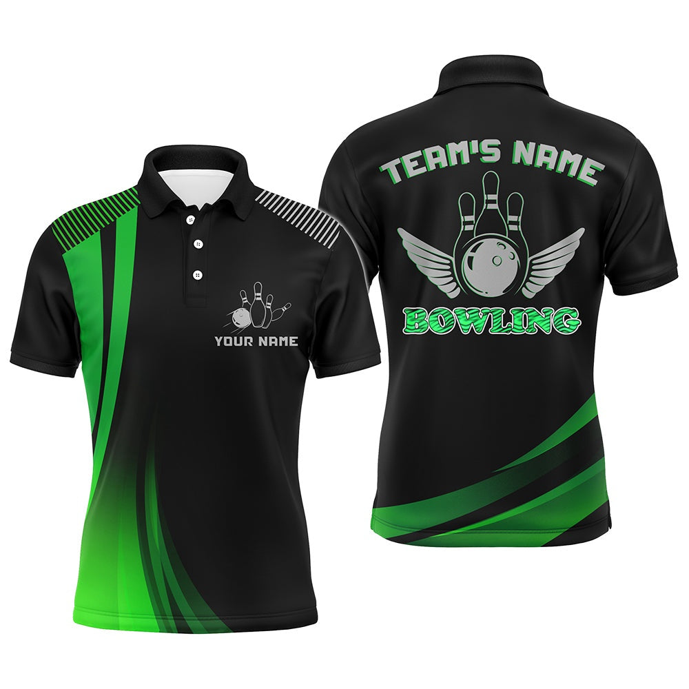 Custom Bowling Polo Shirts, Custom Bowling Shirt For Men, Green&Black Bowling Jersey With Name League Bowling Polo Short Sleeve