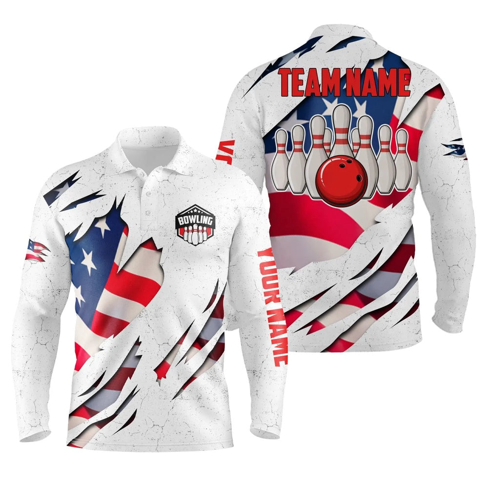 Custom Bowling Polo Shirts, Custom Bowling Shirts For Men American Flag Patriotic Bowling Ball & Pins White Mens Polo Shirts