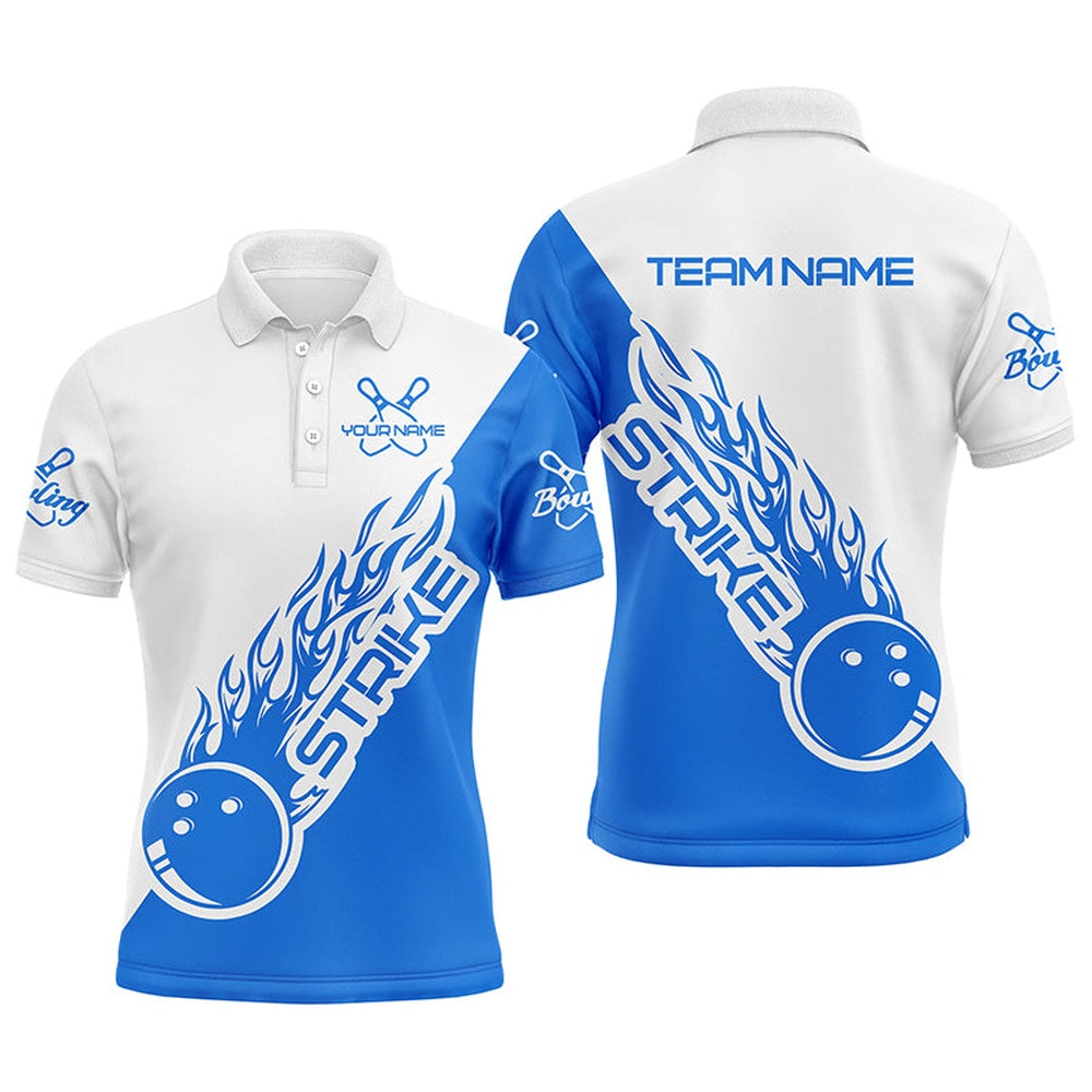 Custom Bowling Polo Shirts, Custom Bowling Shirts For Men And Women, Bowling Team Shirts Bowling Strike Blue And White