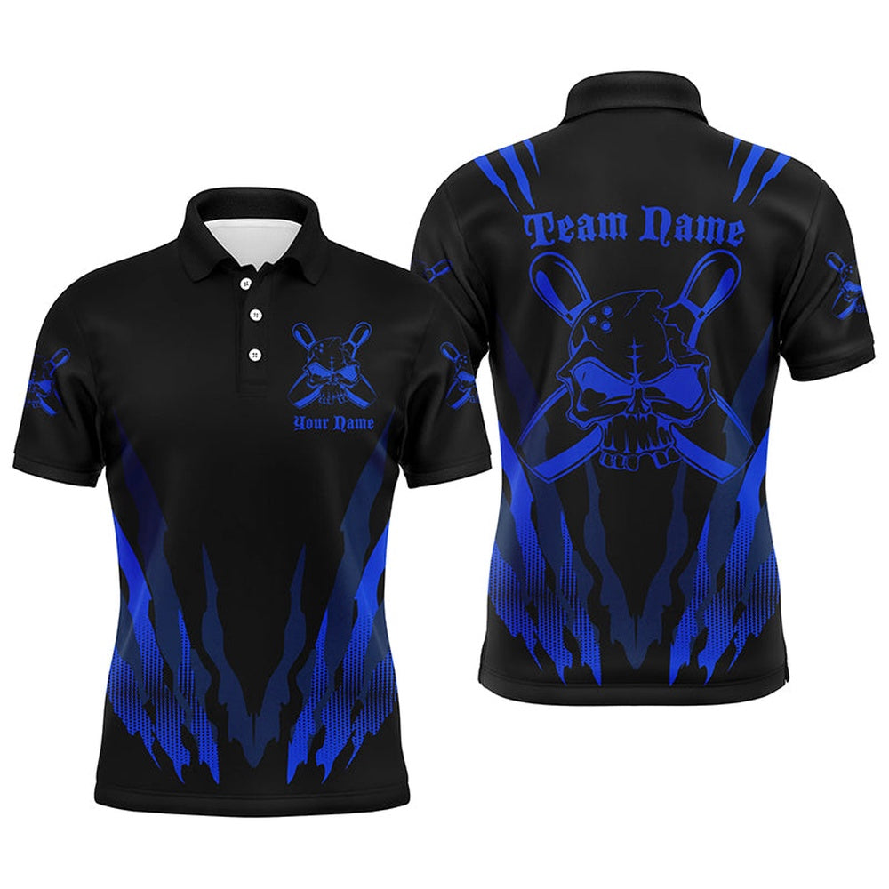 Custom Bowling Polo Shirts, Custom Bowling Shirts For Men And Women, Skull Bowling Team Shirts Bowling Pin Blue
