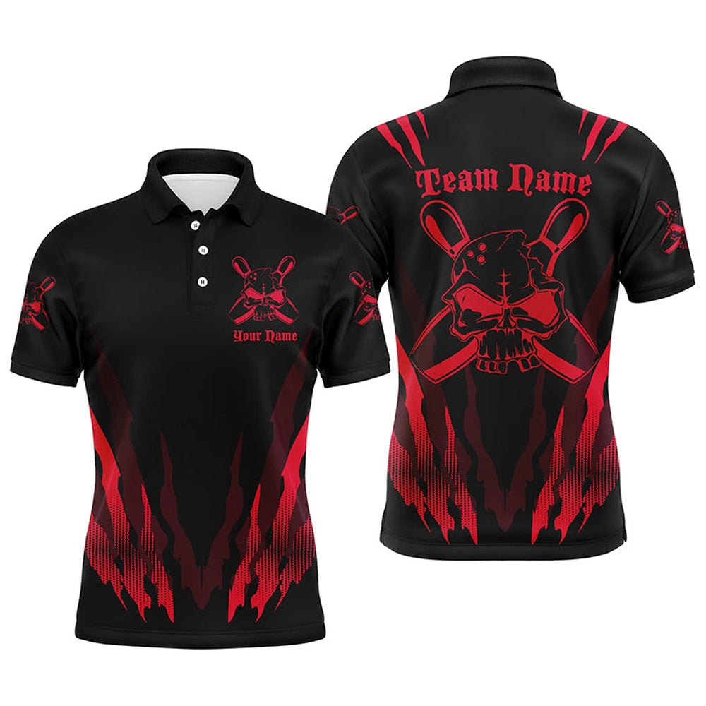 Custom Bowling Polo Shirts, Custom Bowling Shirts For Men And Women, Skull Bowling Team Shirts Bowling Pin Red