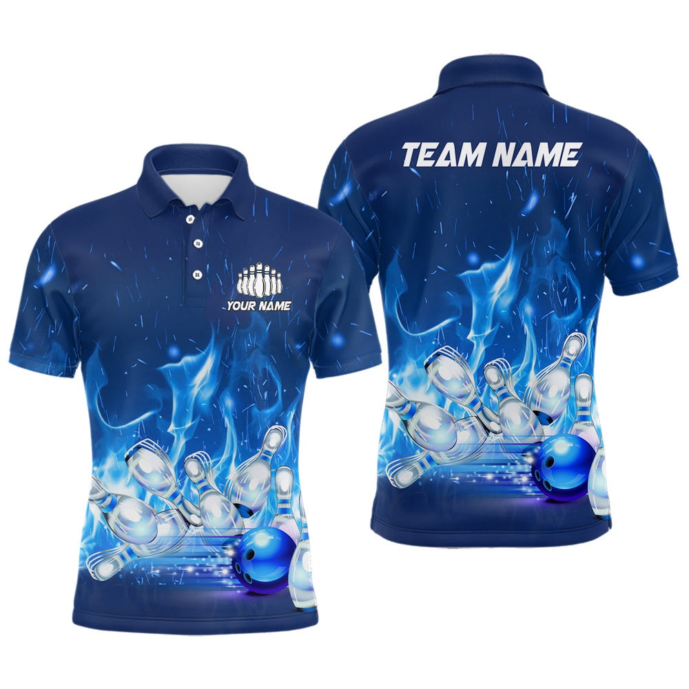 Custom Bowling Polo Shirts, Custom Bowling Shirts For Men Blue Flame Bowling Team Jersey Bowling League Outfits Bowlers Gifts