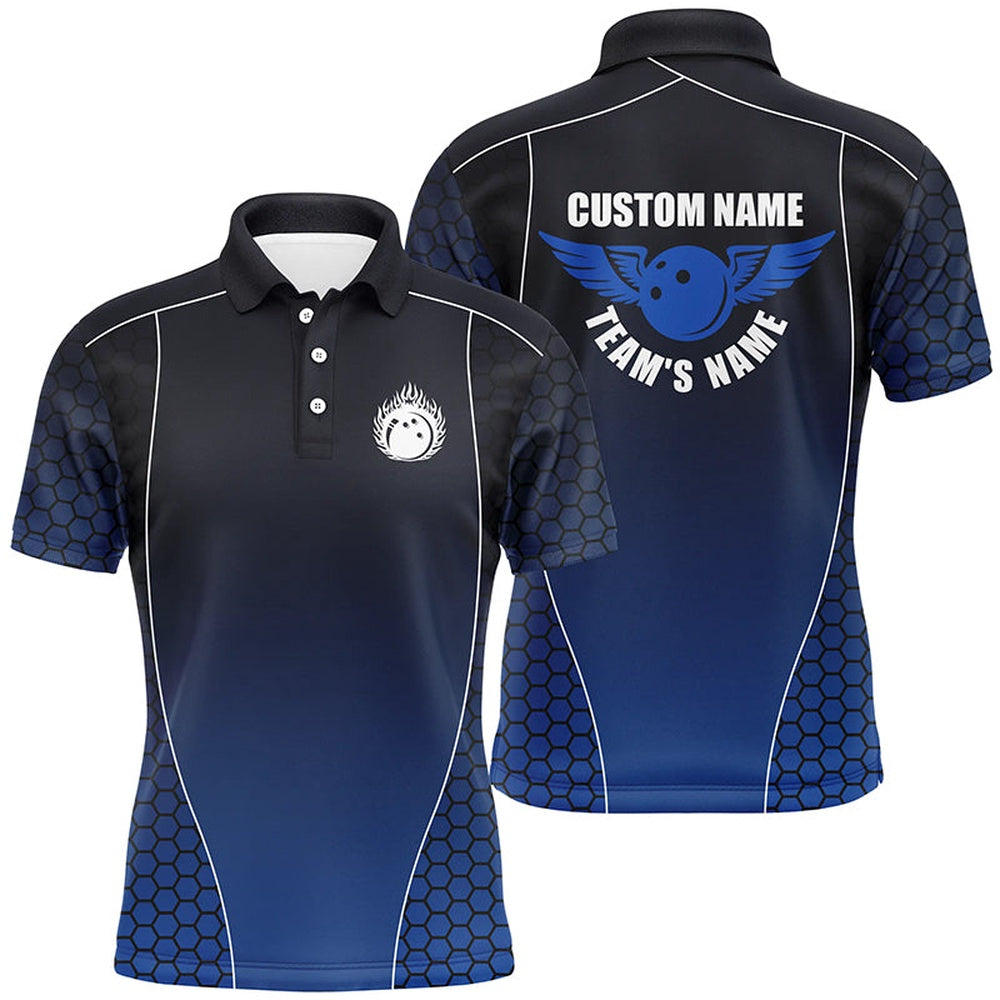 Custom Bowling Polo Shirts, Custom Bowling Shirts With Names For Men, Flaming Bowling Ball Bowling Team Shirts Blue