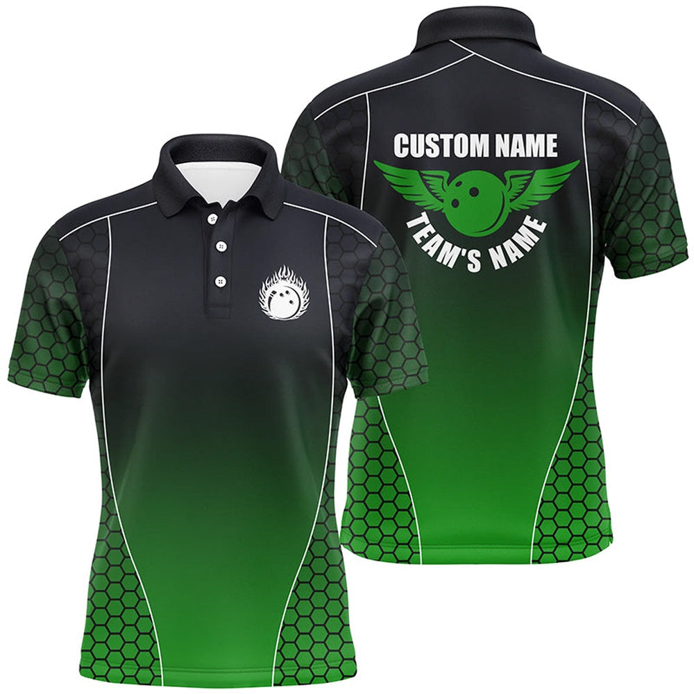 Custom Bowling Polo Shirts, Custom Bowling Shirts With Names For Men, Flaming Bowling Ball Bowling Team Shirts Green