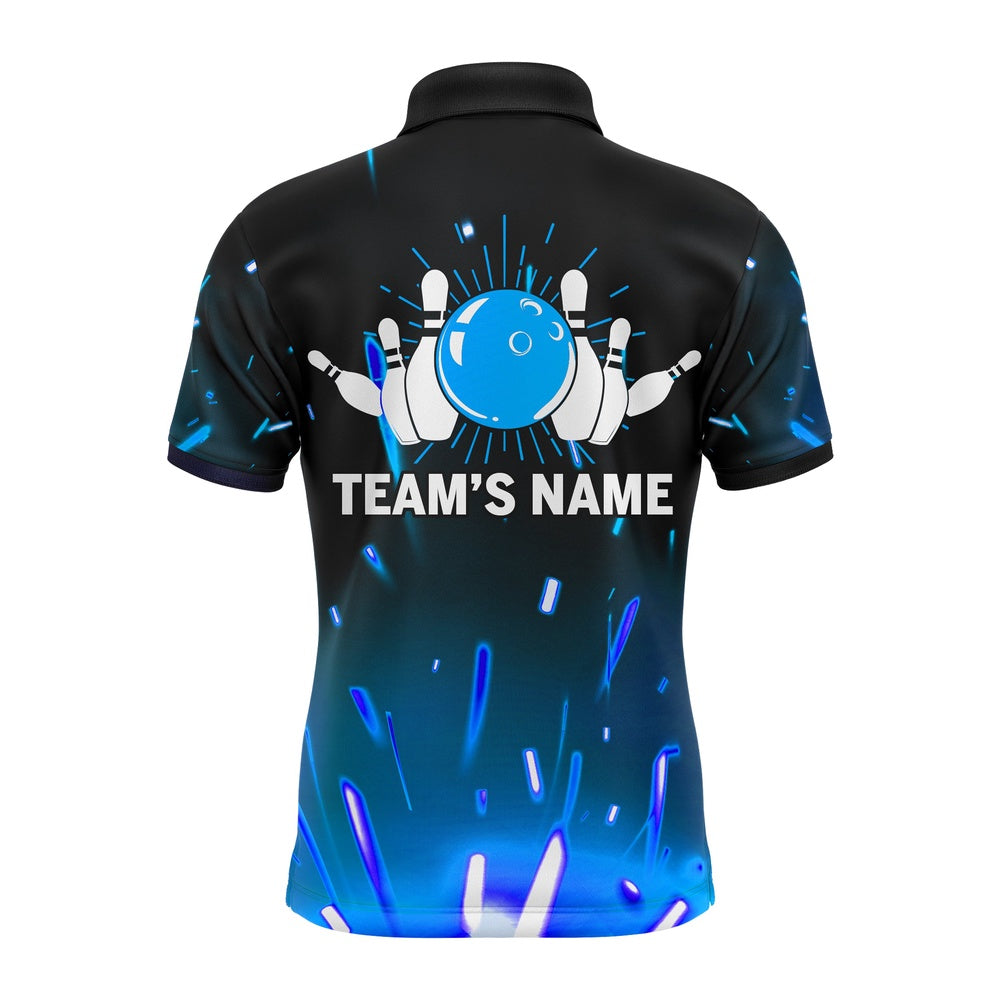 Custom Bowling Polo Shirts, Custom Flame Bowling Shirt For Men, Polo Short Sleeve Blue Bowling Shirt For Team Bowlers Jersey