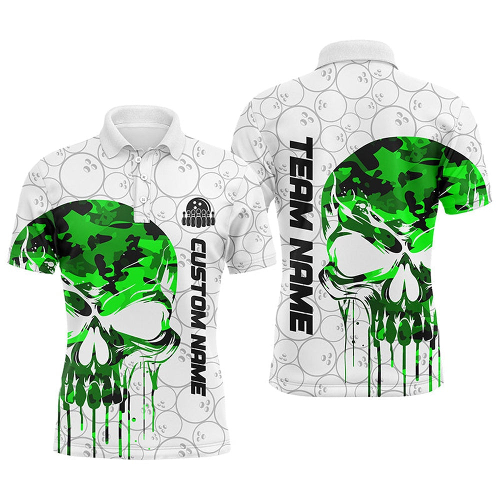 Custom Bowling Polo Shirts, Custom Green Camo Skull Bowling Polo Shirts Men Team Bowling Jerseys Bowling League Outfit