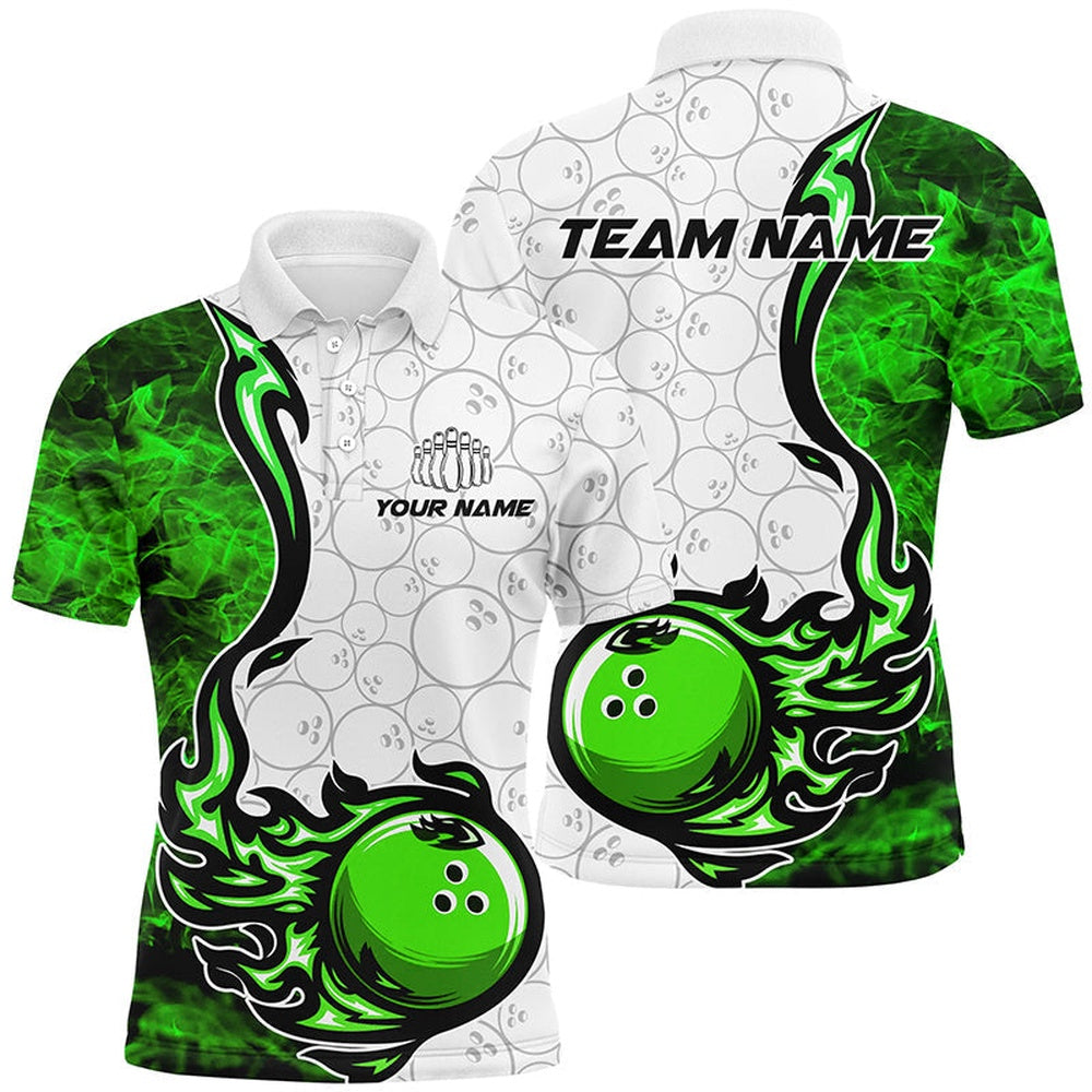 Custom Bowling Polo Shirts, Custom Green Flame Bowling Shirts For Men Bowling Ball Pattern Bowling Team Jerseys For Bowlers