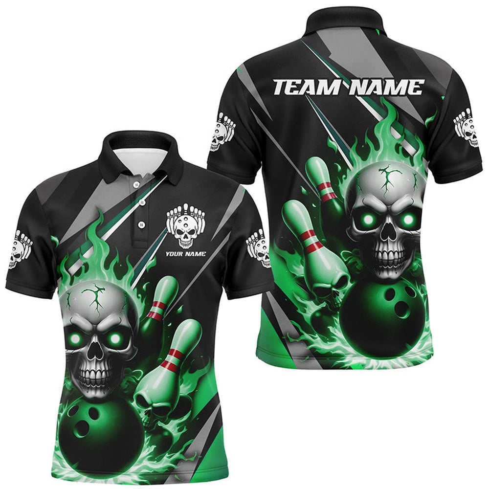 Custom Bowling Polo Shirts, Custom Green Flame Bowling Team Shirts, Halloween Skull Bowling Polo Shirt For Men