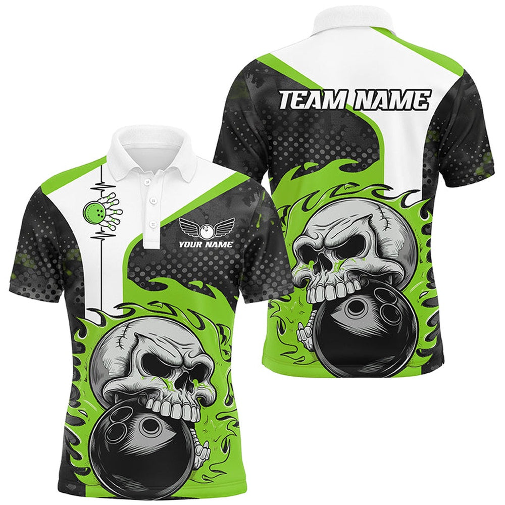 Custom Bowling Polo Shirts, Custom Green Flame Skull Bowling Shirts, Bowling Team Polo Shirt For Men Outfit Bowling