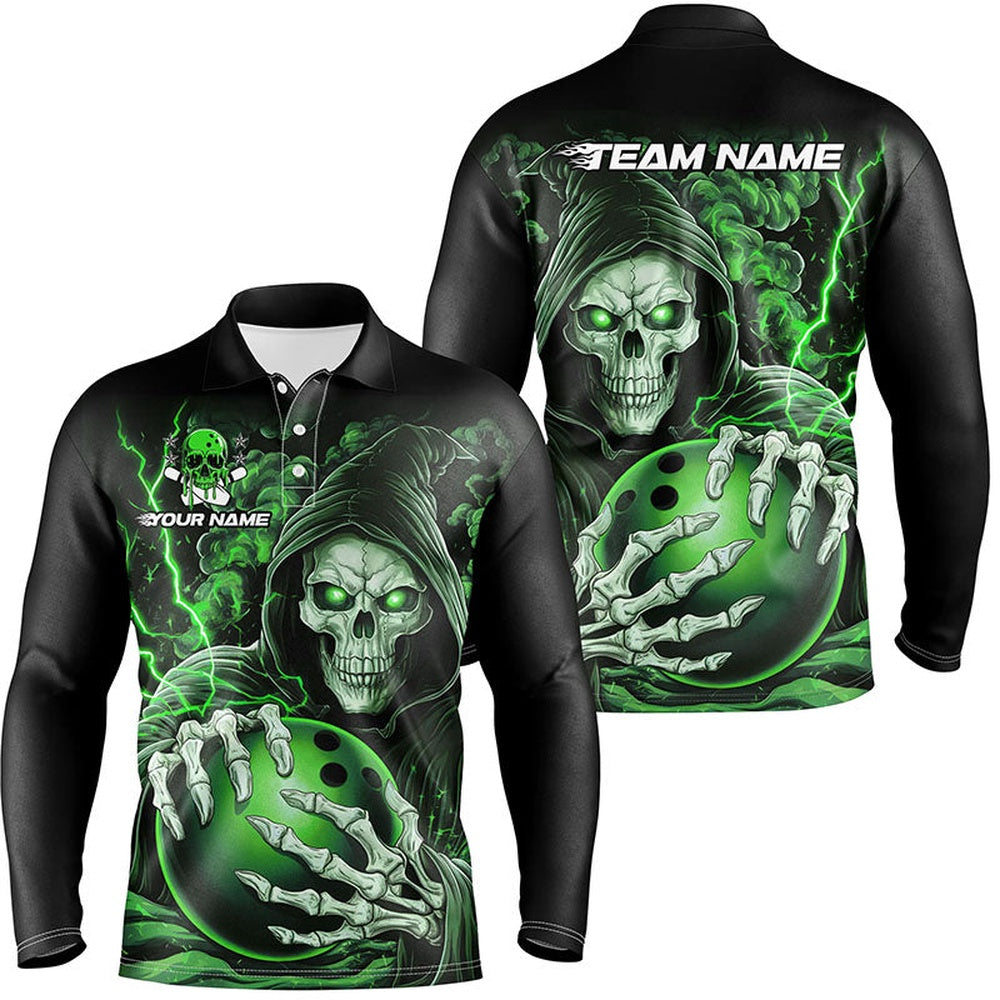 Custom Bowling Polo Shirts, Custom Green Skull Bowling Long Sleeve Polo Shirts For Men, Halloween Bowling Team Shirts