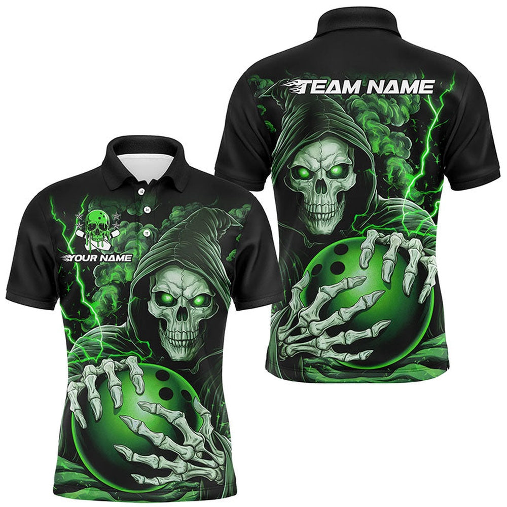 Custom Bowling Polo Shirts, Custom Green Skull Bowling Polo Shirts For Men, Personalized Halloween Bowling Team Shirts