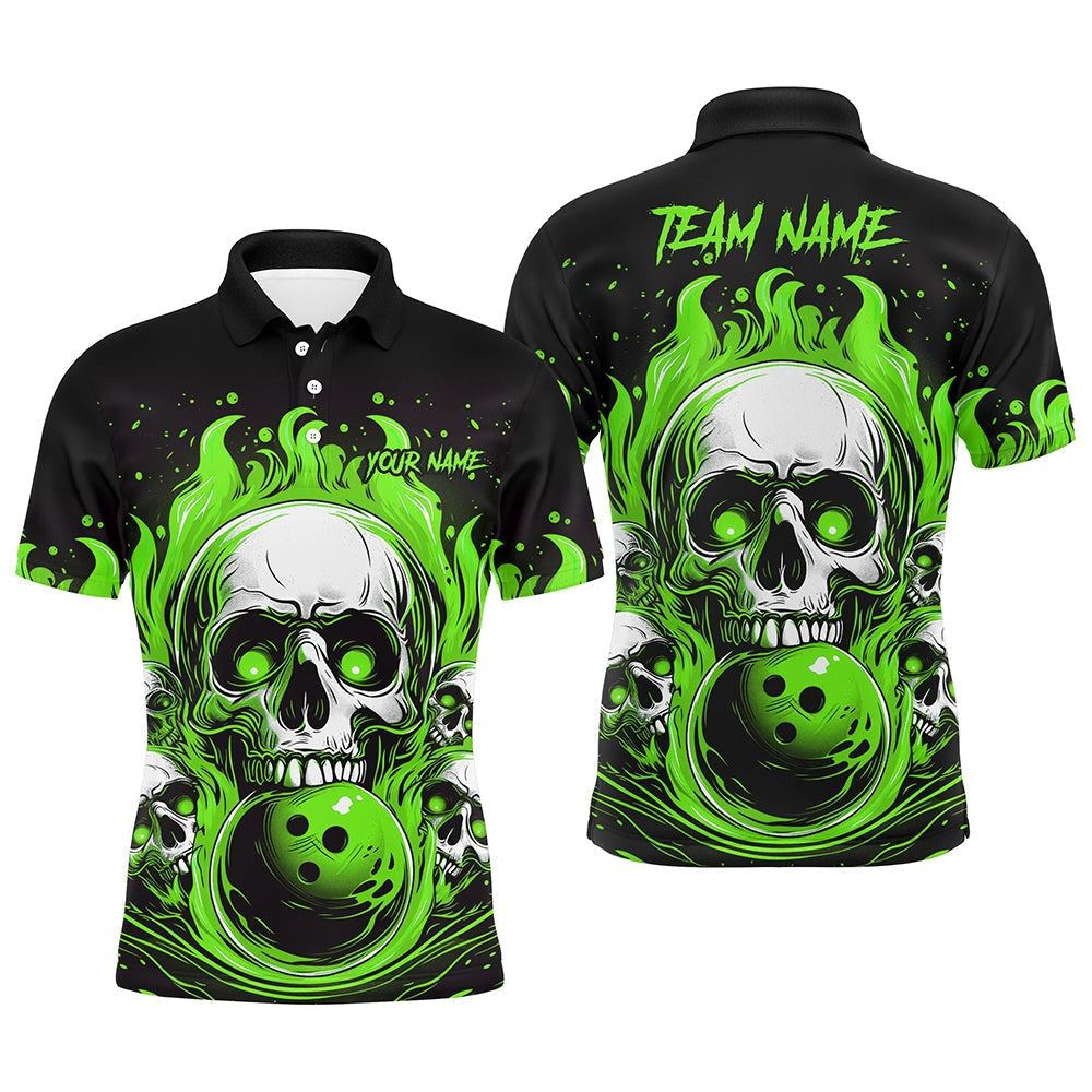 Custom Bowling Polo Shirts, Custom Green Skull Bowling Team Shirts, Flame Bowling Jerseys Bowlers Shirts For Men And Women