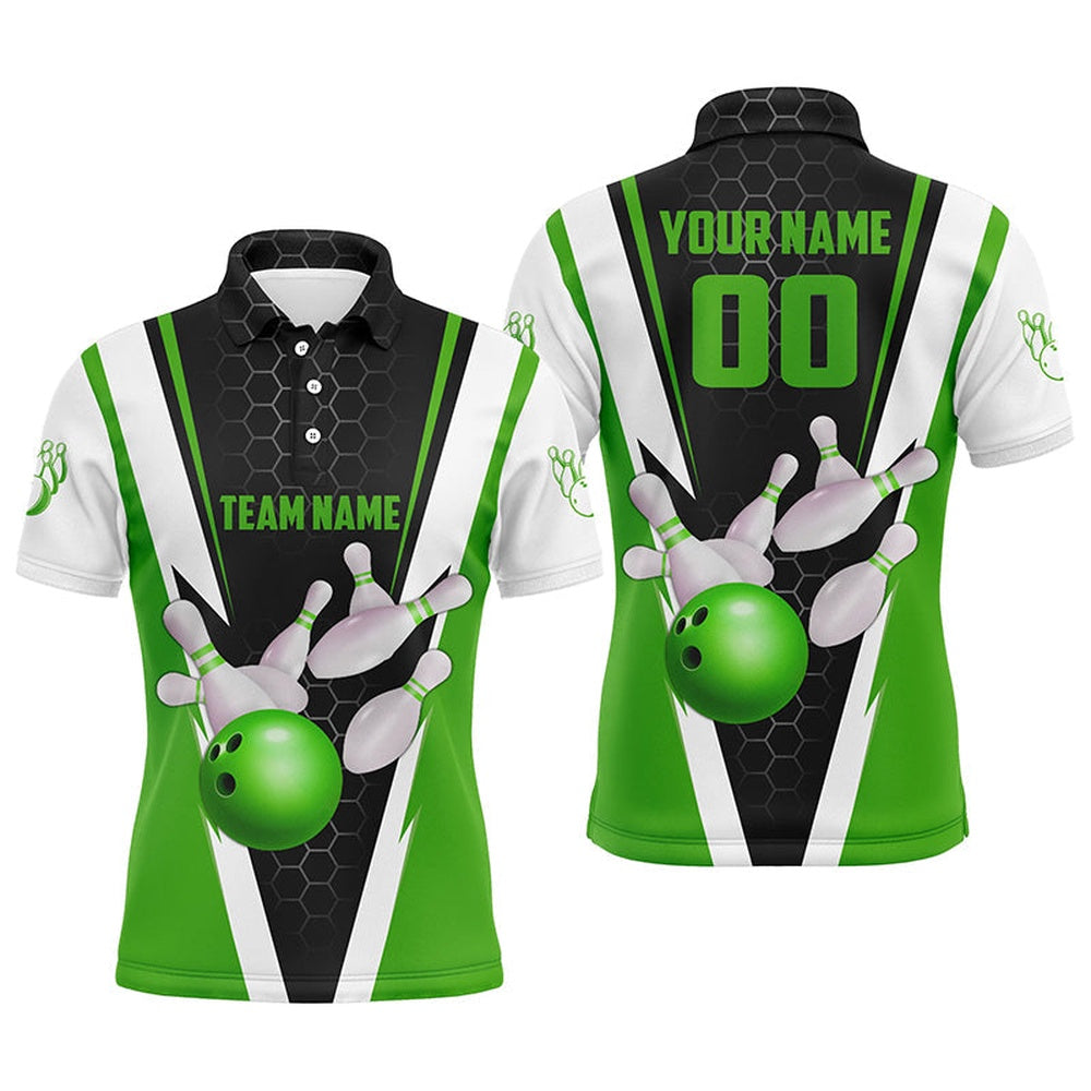 Custom Bowling Polo Shirts, Custom Green Strike Bowling Polo Shirts For Men, Bowling Team Jerseys With Name And Number