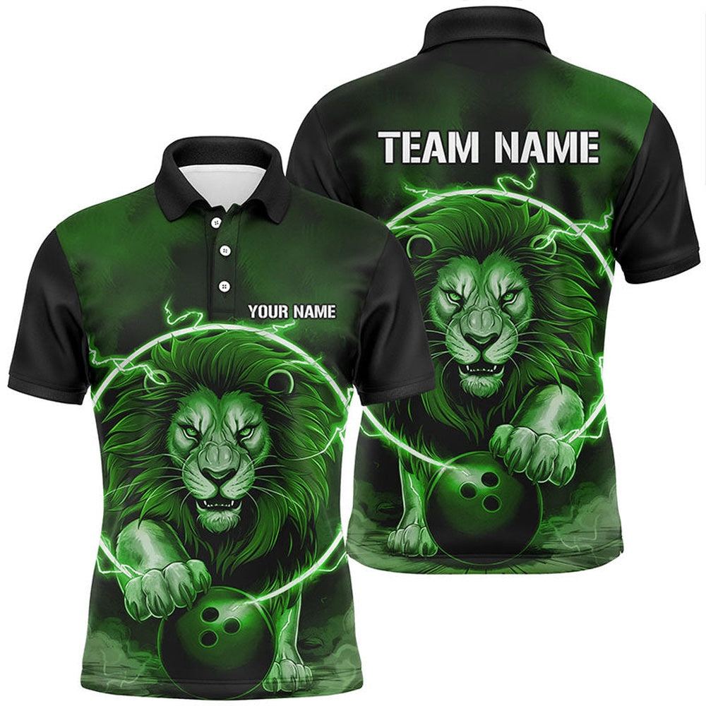 Custom Bowling Polo Shirts, Custom Lion Bowling Polo Shirts For Men, Personalized Bowling Shirts Bowling Uniform Green