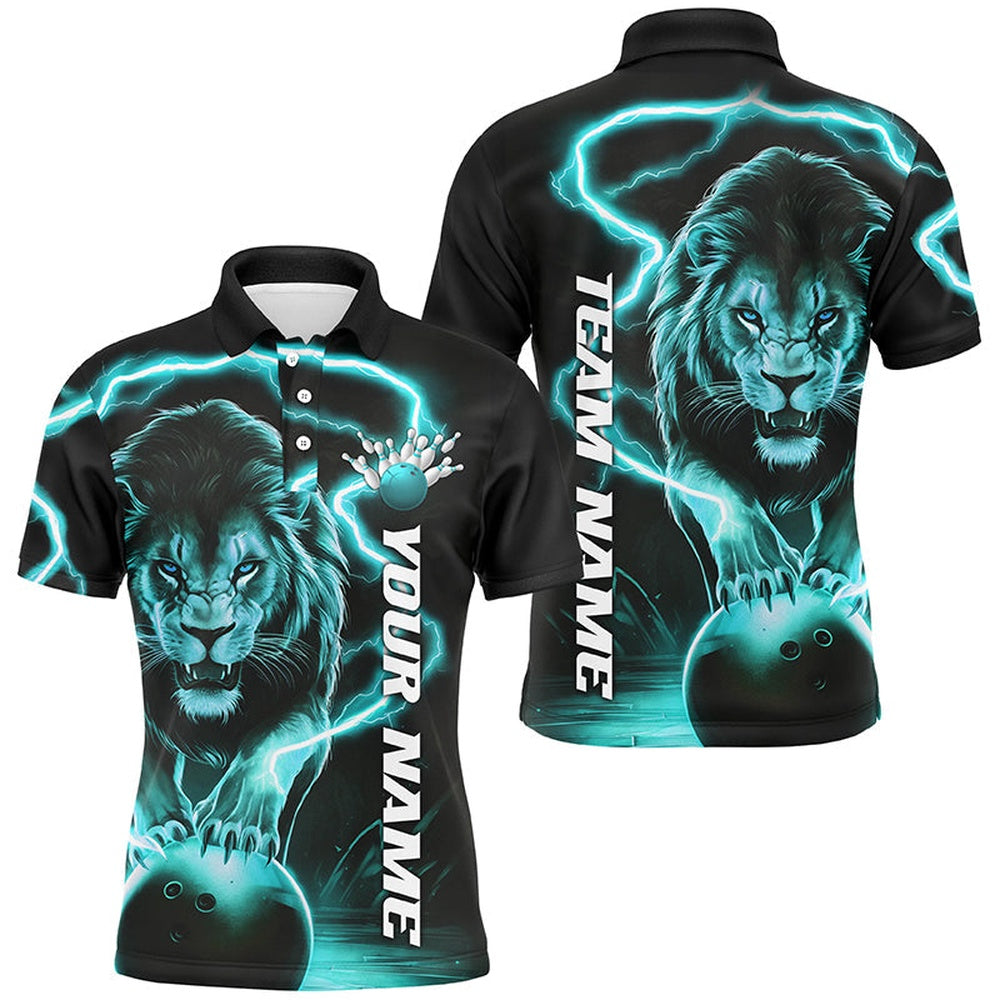 Custom Bowling Polo Shirts, Custom Lion Bowling Shirts For Men, Lion Bowling Team Shirts Outfit Bowling Blue