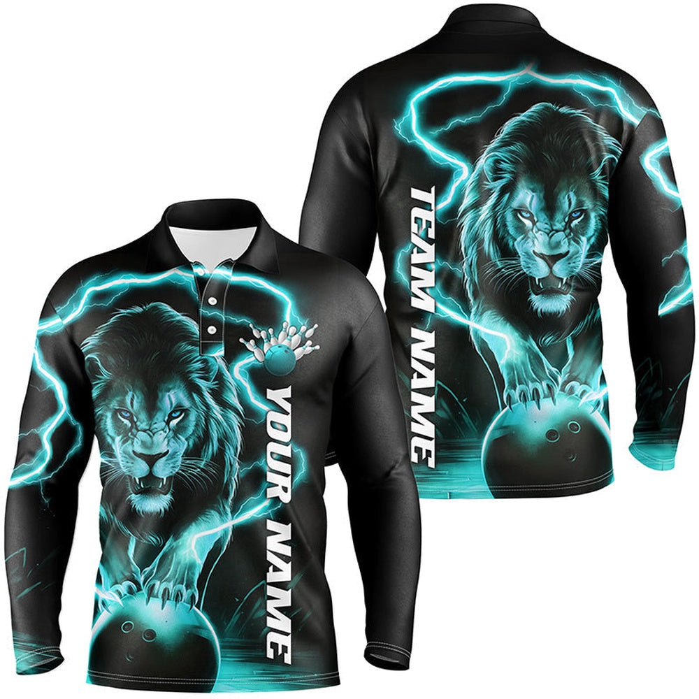 Custom Bowling Polo Shirts, Custom Lion Long Sleeve Bowling Shirts For Men, Lion Bowling Team Shirts Outfit Blue