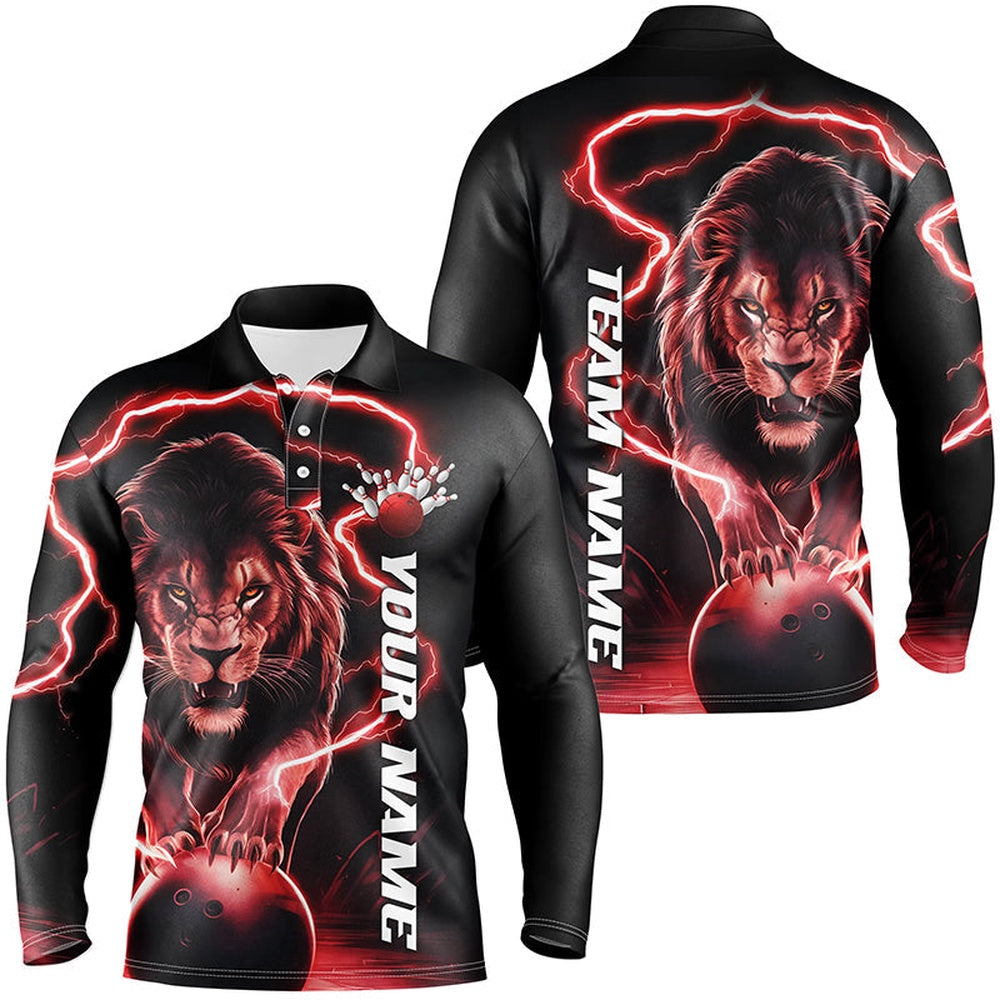 Custom Bowling Polo Shirts, Custom Lion Long Sleeve Bowling Shirts For Men, Lion Bowling Team Shirts Outfit Red