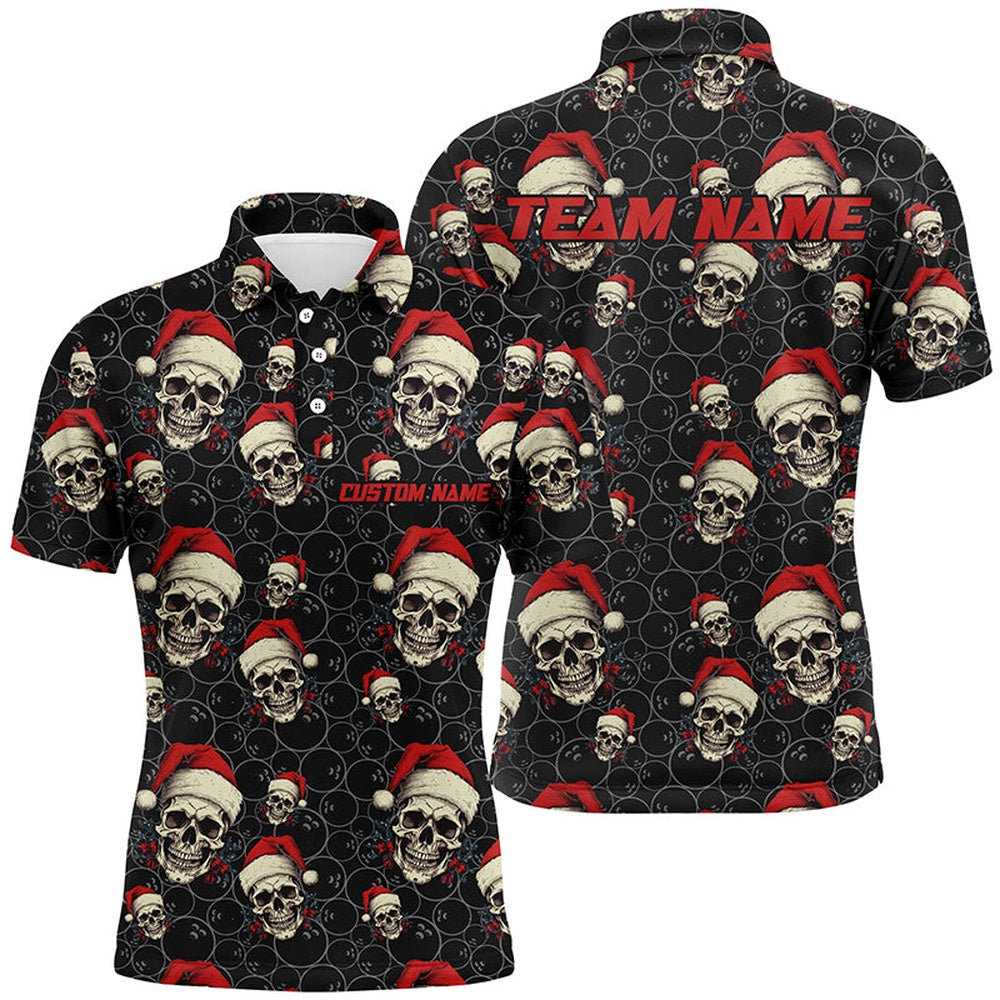 Custom Bowling Polo Shirts, Custom Men Funny Christmas Bowling Polo Shirts Skull Christmas Gifts For Bowlers Outfit