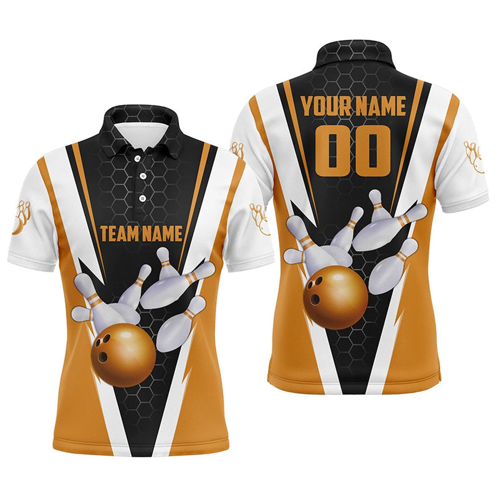 Custom Bowling Polo Shirts, Custom Orange Strike Bowling Polo Shirts For Men, Bowling Team Jerseys With Name And Number