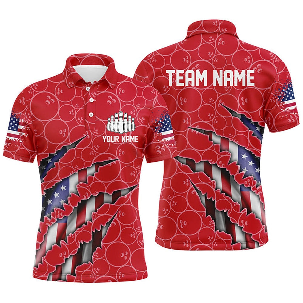 Custom Bowling Polo Shirts, Custom Patriotic Bowling Shirts For Men, American Flag Bowling Uniform Bowlers Outfit Red