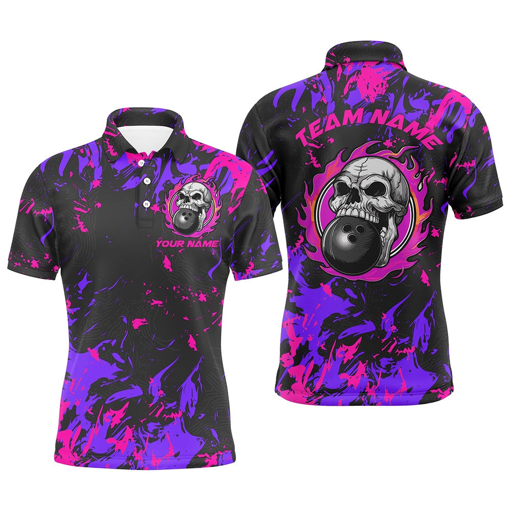 Custom Bowling Polo Shirts, Custom Pink And Purple Bowling Jerseys For Men And Women, Flame Skull Bowling Team Shirts