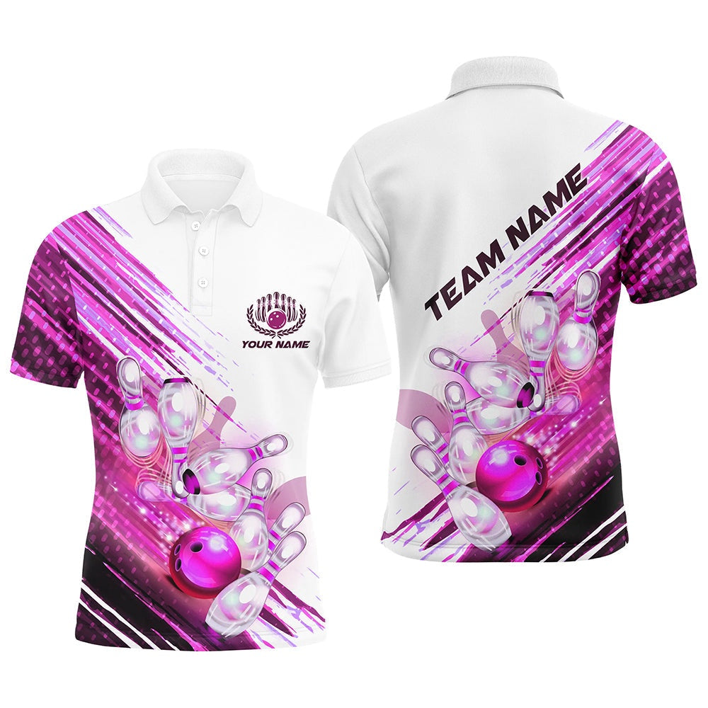 Custom Bowling Polo Shirts, Custom Pink Bowling Polo Shirt For Men, Custom Bowling Uniforms Bowling Men'S Shirts With Name