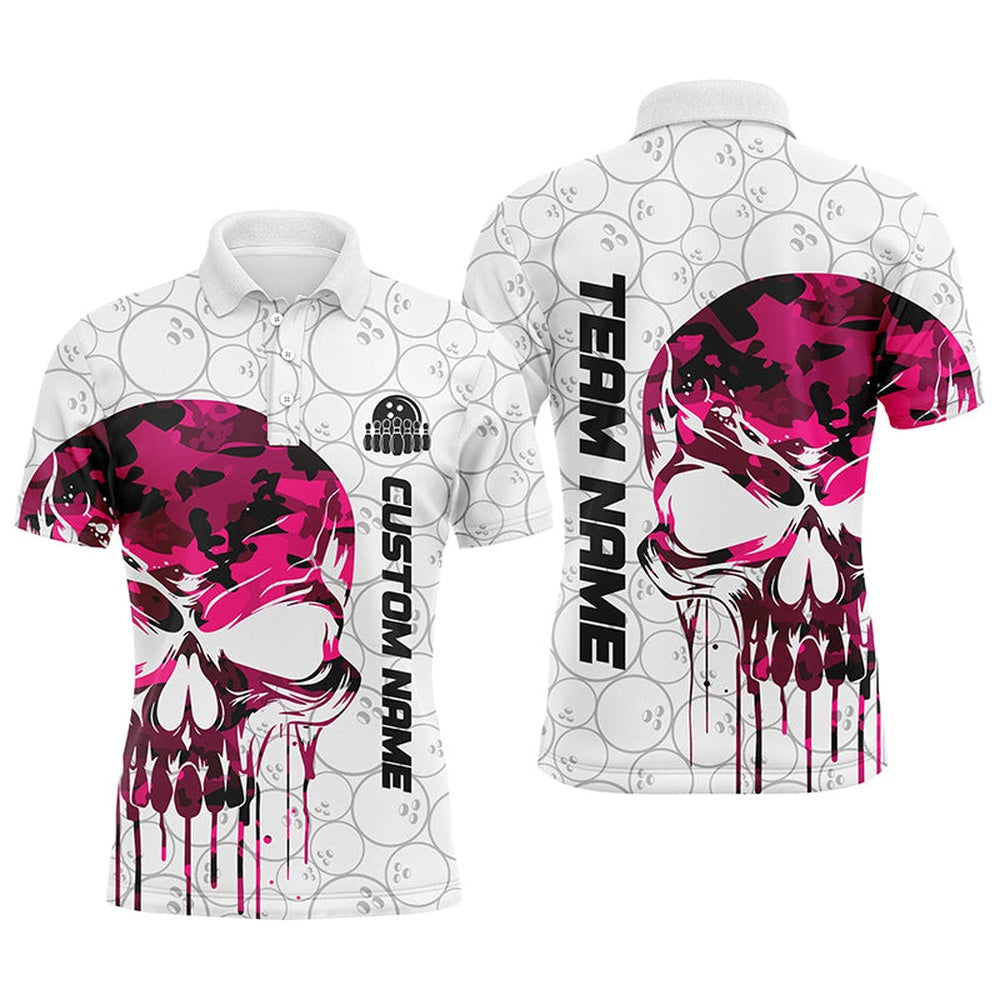 Custom Bowling Polo Shirts, Custom Pink Camo Skull Bowling Polo Shirts Men Team Bowling Jerseys Bowling League Outfit