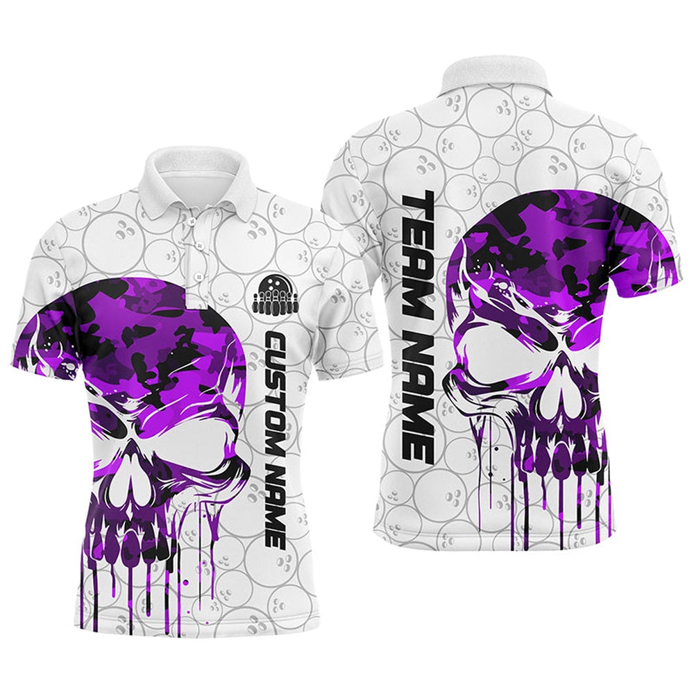 Custom Bowling Polo Shirts, Custom Purple Camo Skull Bowling Polo Shirts Men Team Bowling Jerseys Bowling League Outfit