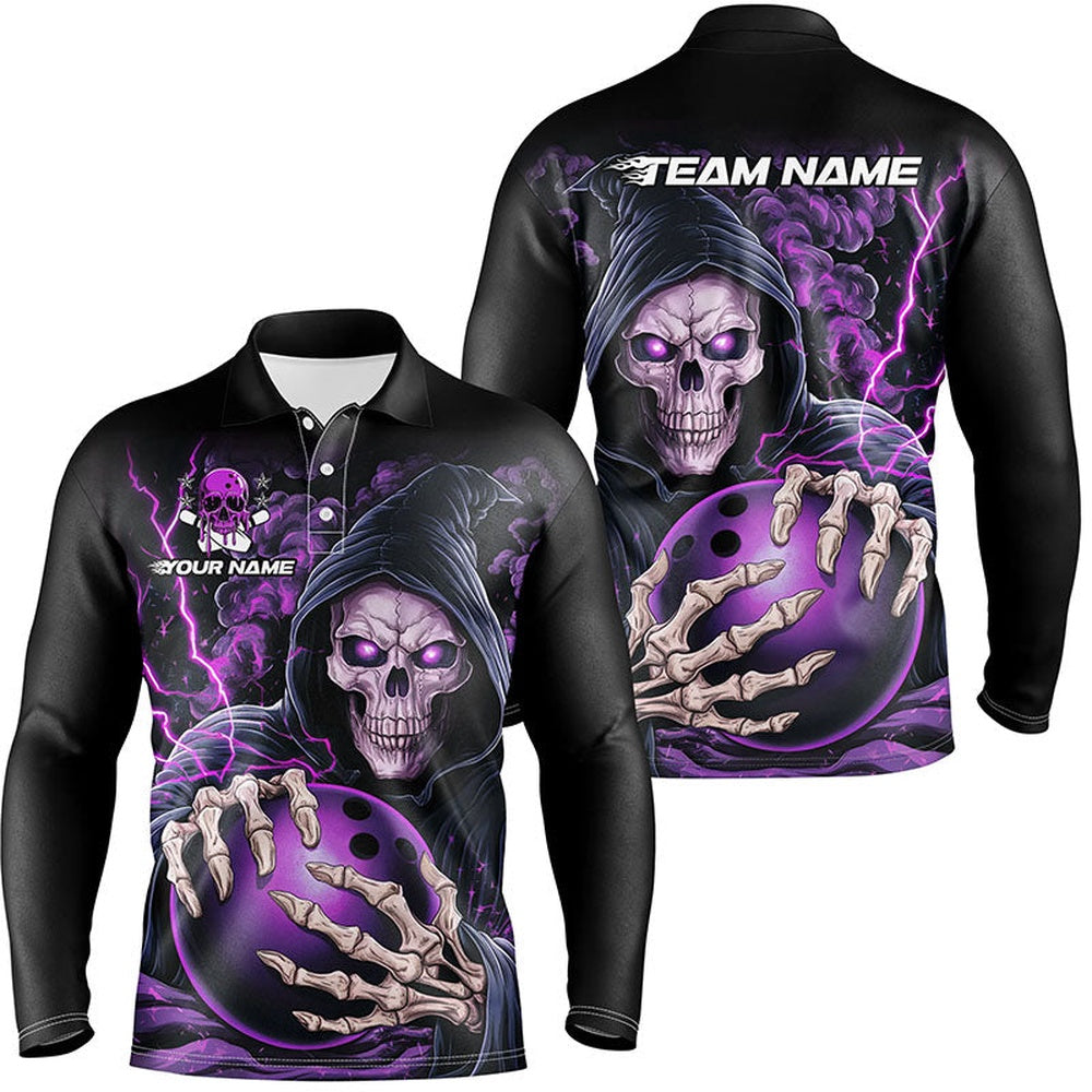 Custom Bowling Polo Shirts, Custom Purple Skull Bowling Long Sleeve Polo Shirts For Men, Halloween Bowling Team Shirts