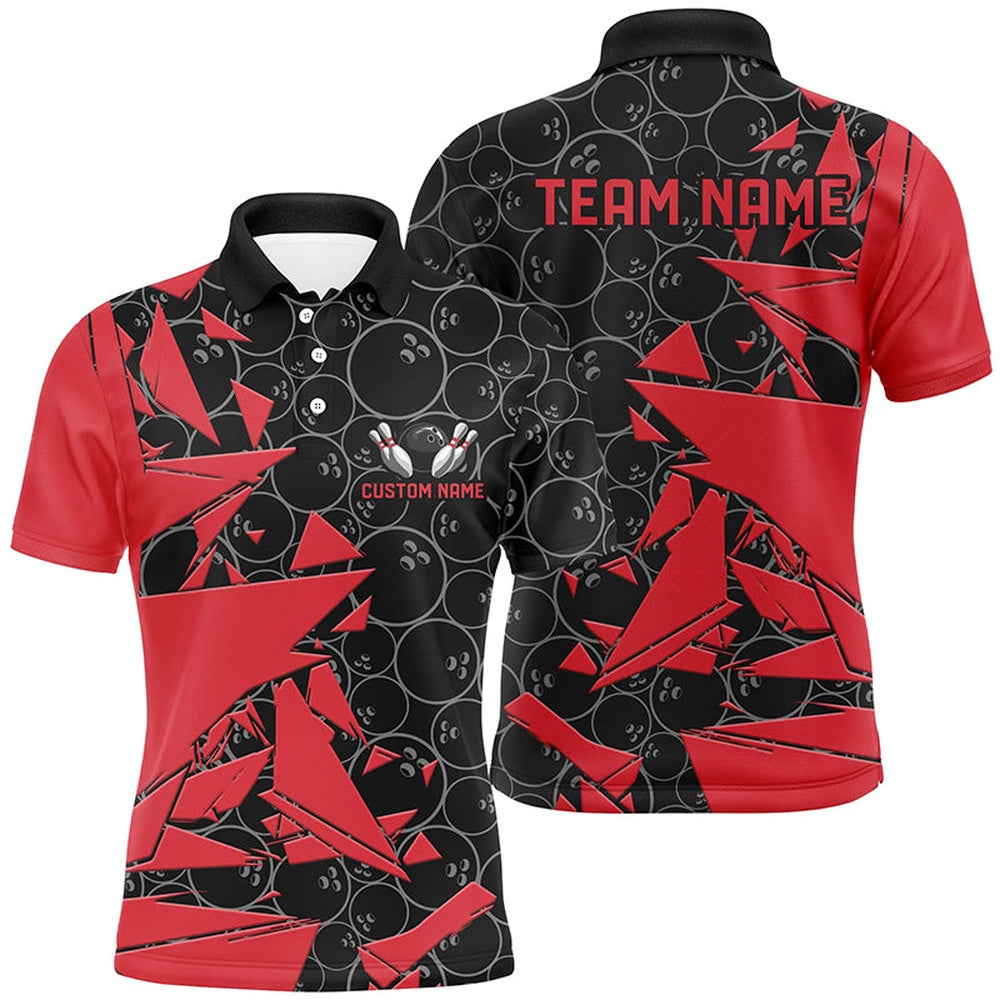 Custom Bowling Polo Shirts, Custom Red Bowling Team Shirts For Men And Women, Bowling Ball Pattern Bowlers Outfits