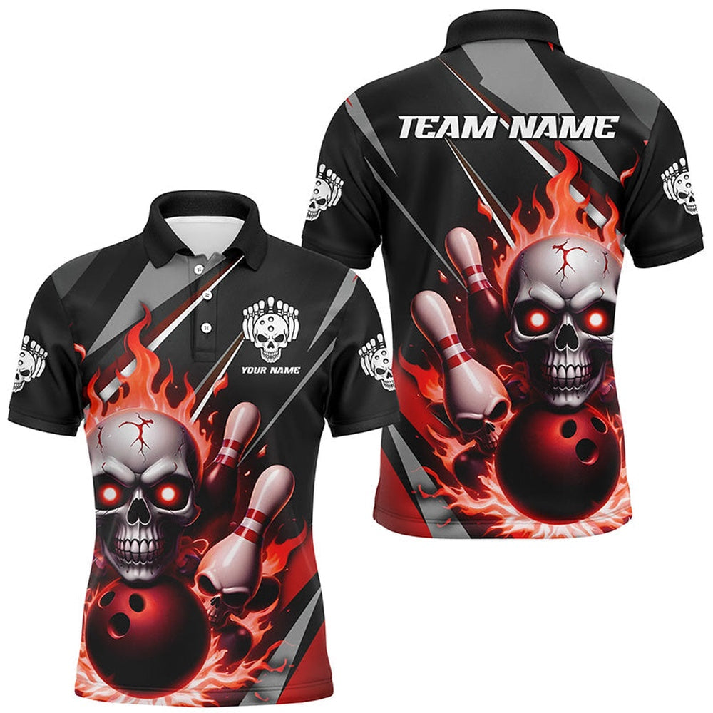 Custom Bowling Polo Shirts, Custom Red Flame Bowling Team Shirts, Halloween Skull Bowling Polo Shirt For Men