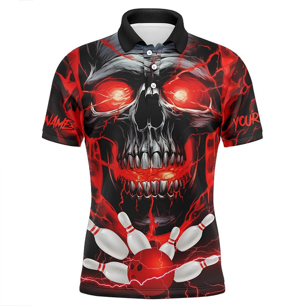 Custom Bowling Polo Shirts, Custom Red Thunder Lightning Skull Bowling Team Jerseys Men Polo Shirts Bowling League Shirts