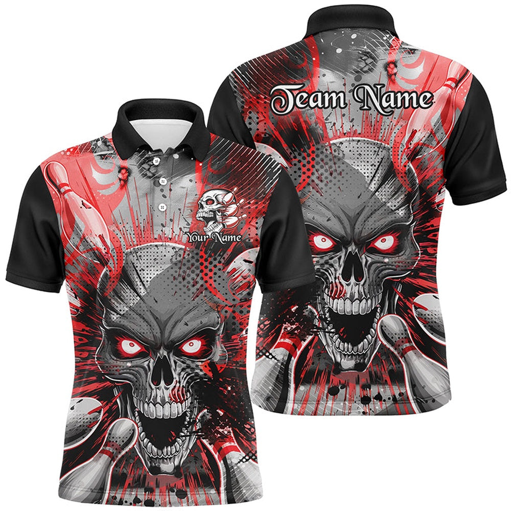 Custom Bowling Polo Shirts, Custom Short Sleeve Skull Bowling Shirts For Men, Halloween Bowling Shirt With Name Red