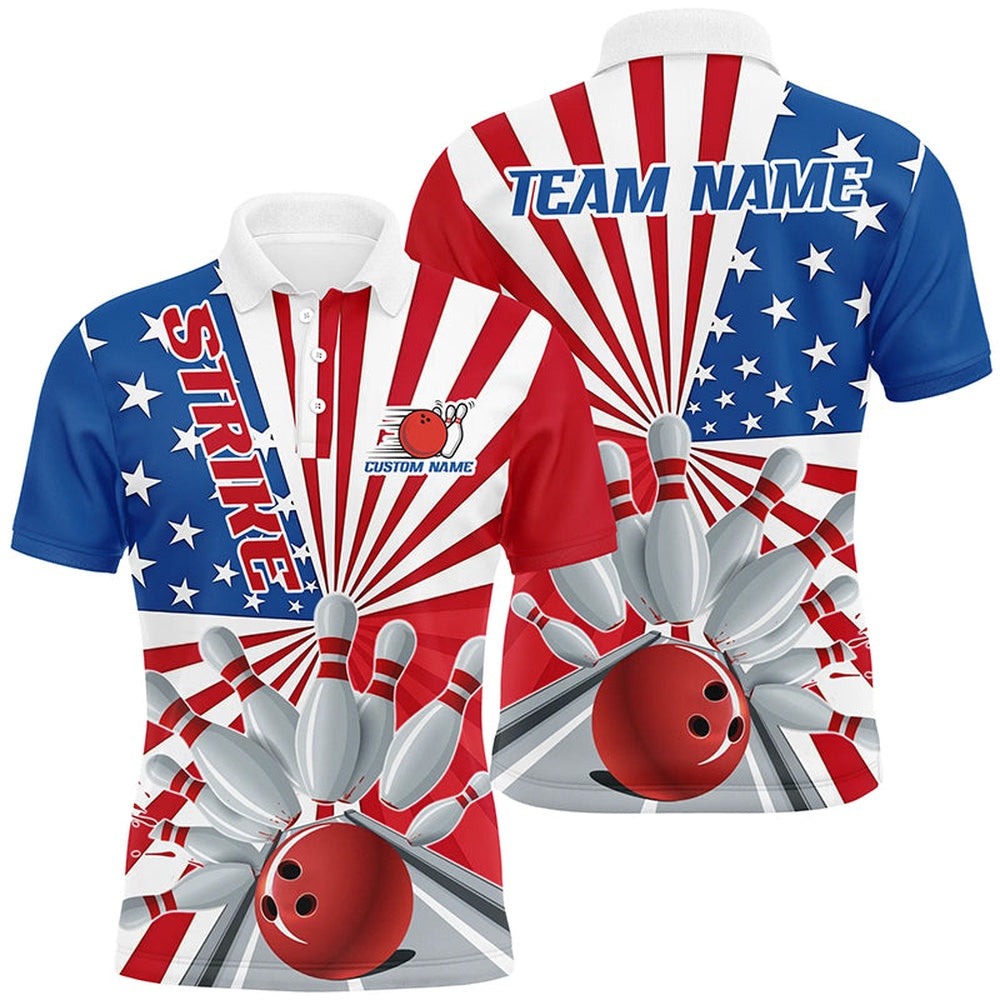 Custom Bowling Polo Shirts, Custom Strike Bowling Shirts For Men And Women, Patriotic Bowling Tournament Team Shirt