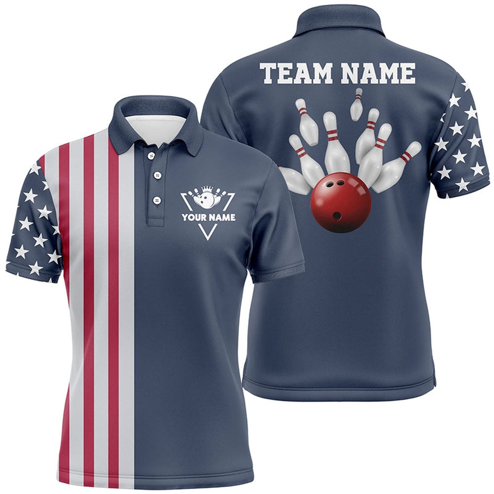 Custom Bowling Polo Shirts, Custom Vintage Bowling Polo Shirts For Men American Flag Patriotic Bowling Team Jerseys Blue